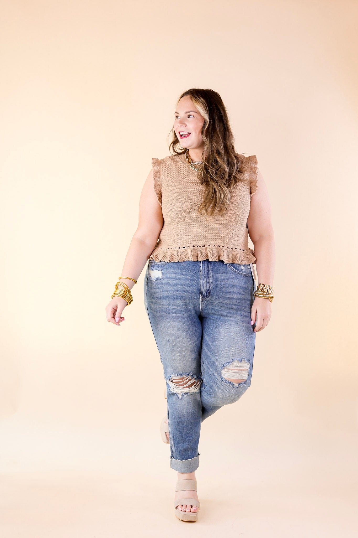 Premium Mocha Ruffle Cropped Sweater for Women