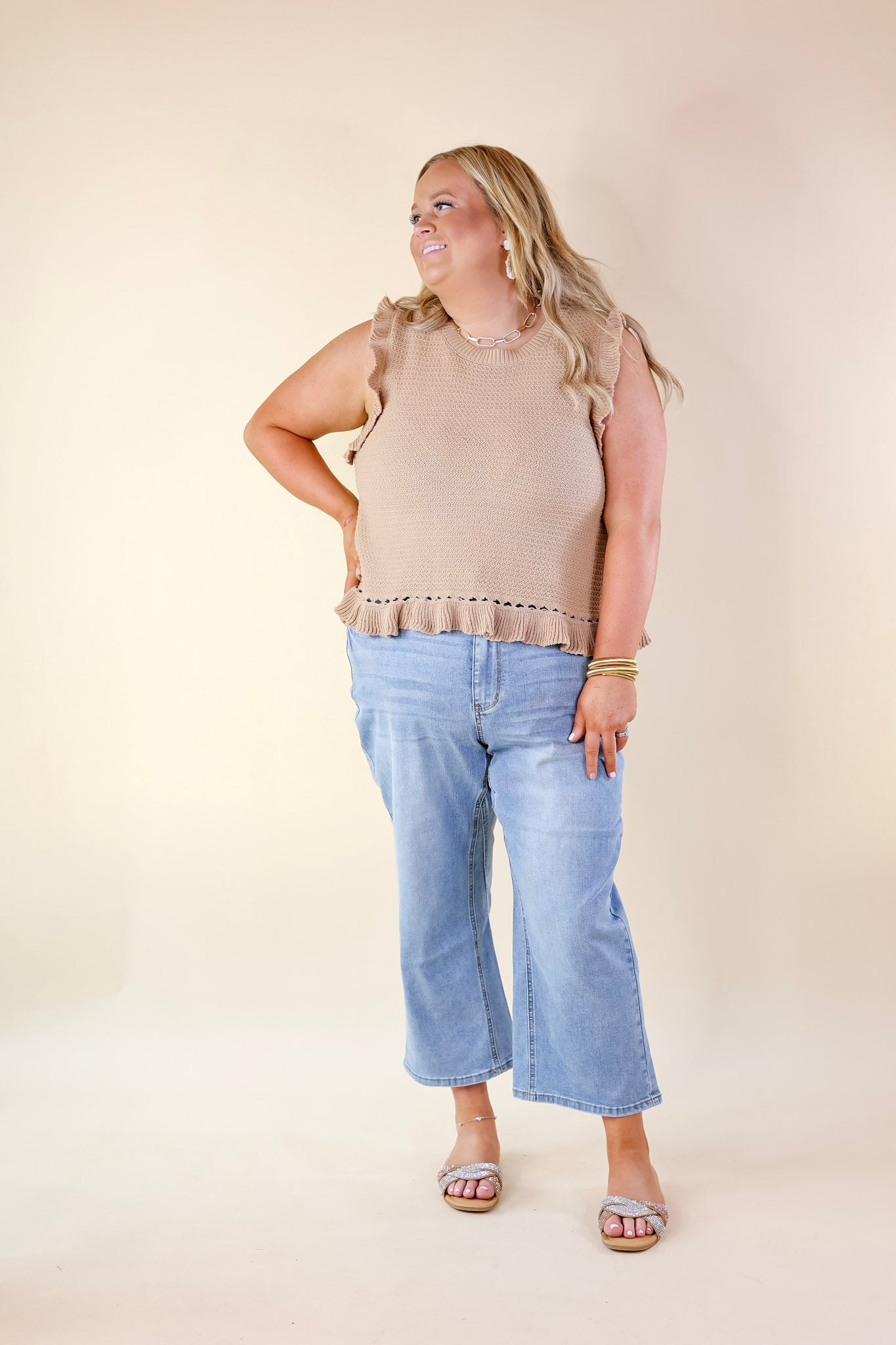 Premium Mocha Ruffle Cropped Sweater for Women