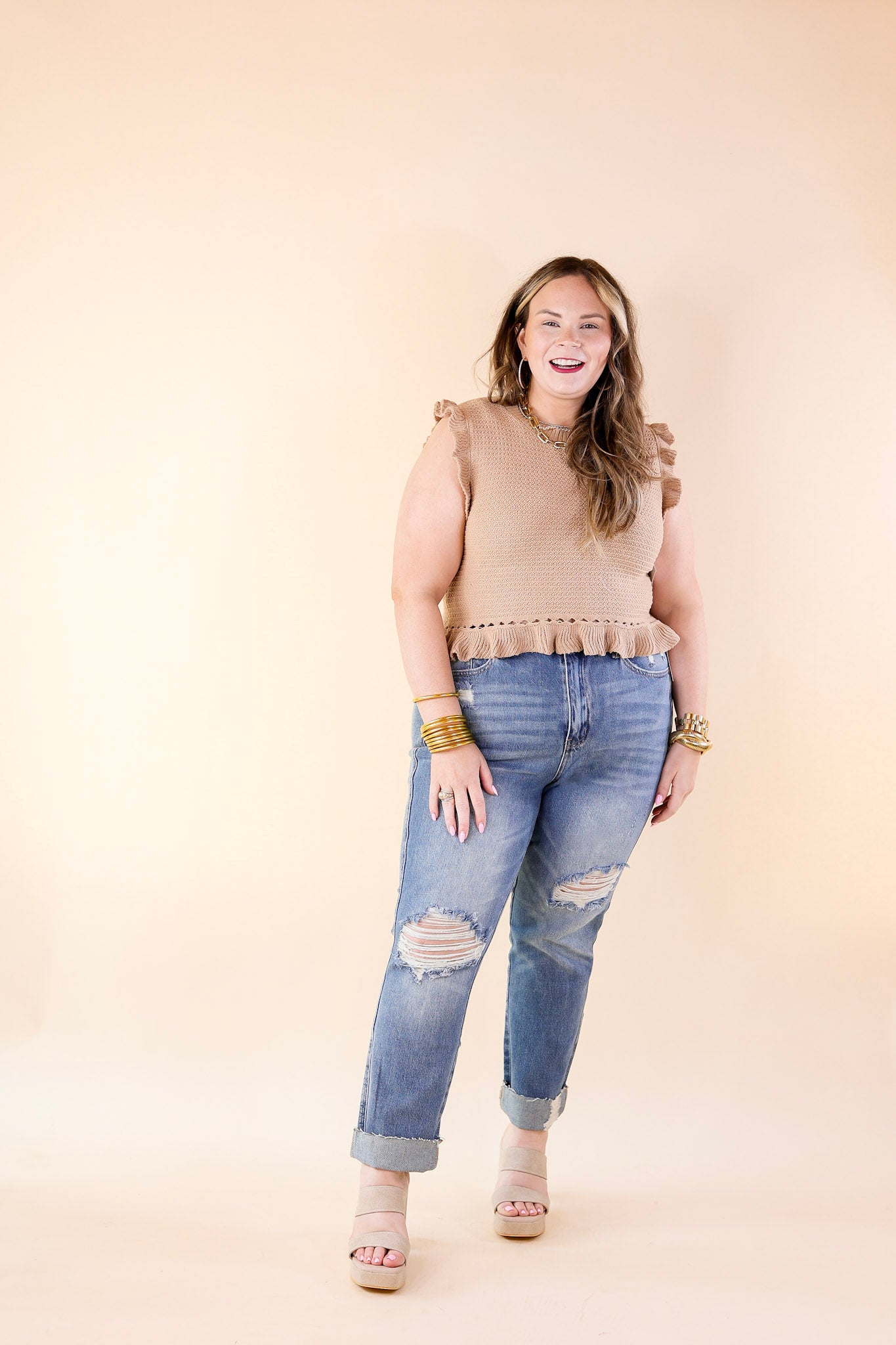 Premium Mocha Ruffle Cropped Sweater for Women
