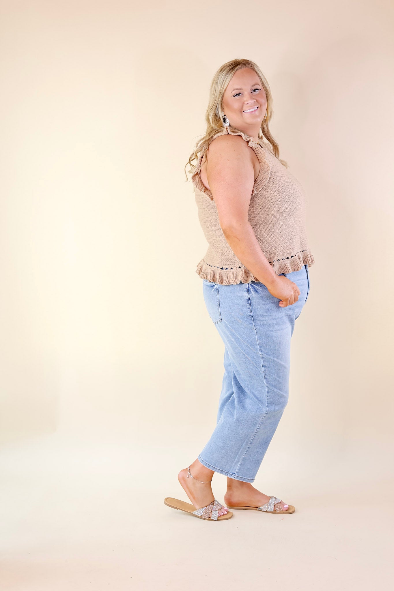 Premium Mocha Ruffle Cropped Sweater for Women