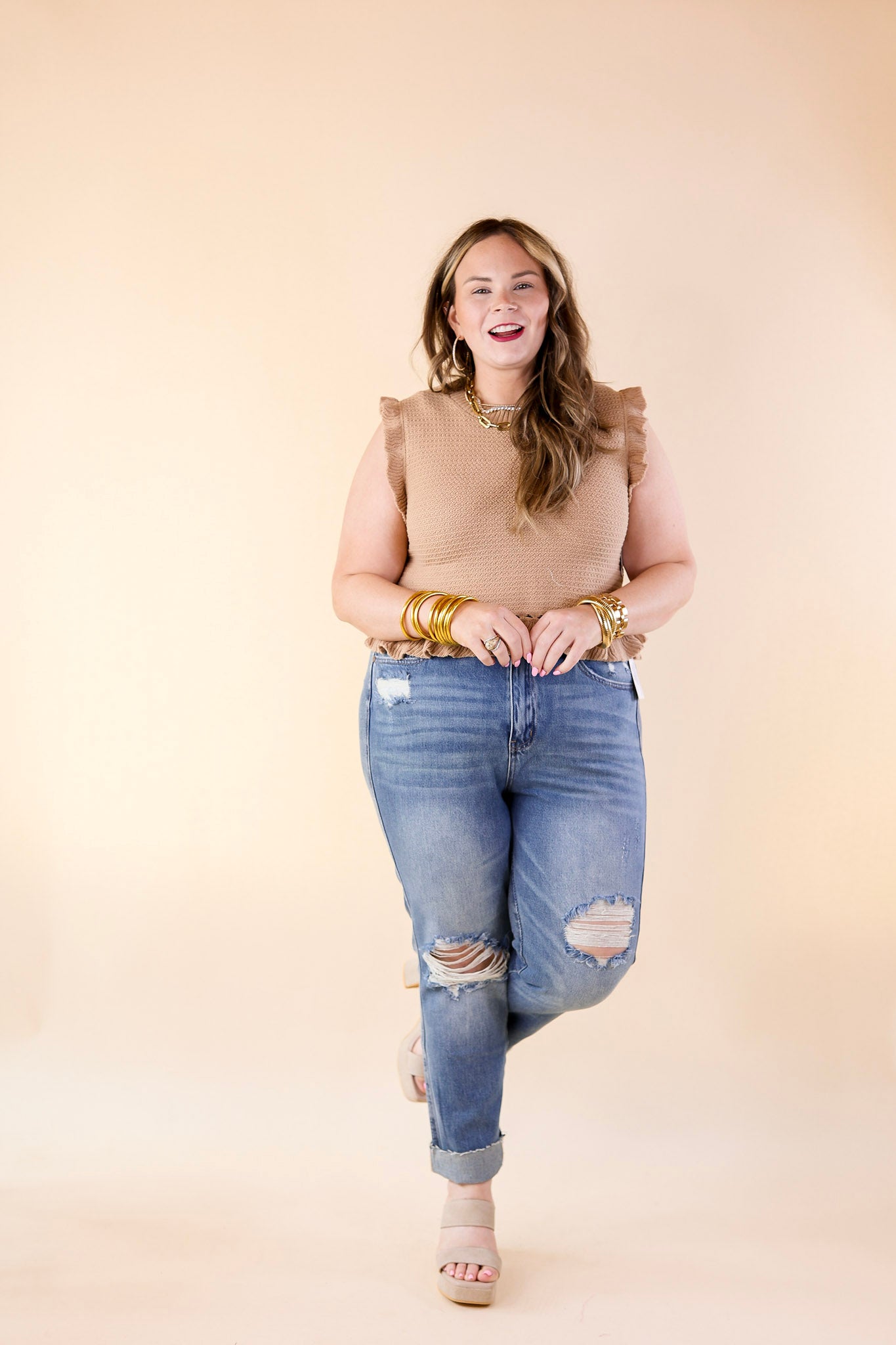 Premium Mocha Ruffle Cropped Sweater for Women